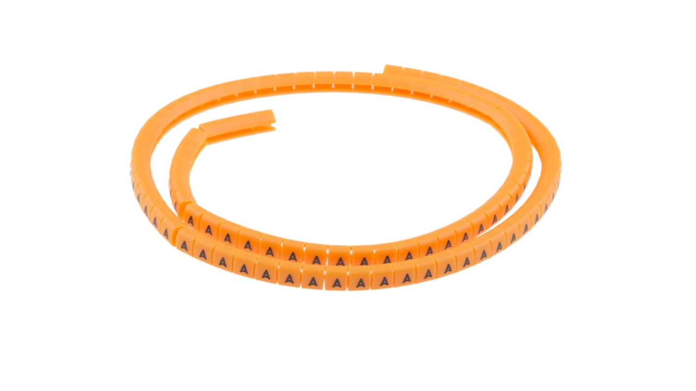 RS PRO Snap On Cable Markers, Black on Orange, Pre-printed "A", 3 → 3.4mm Cable