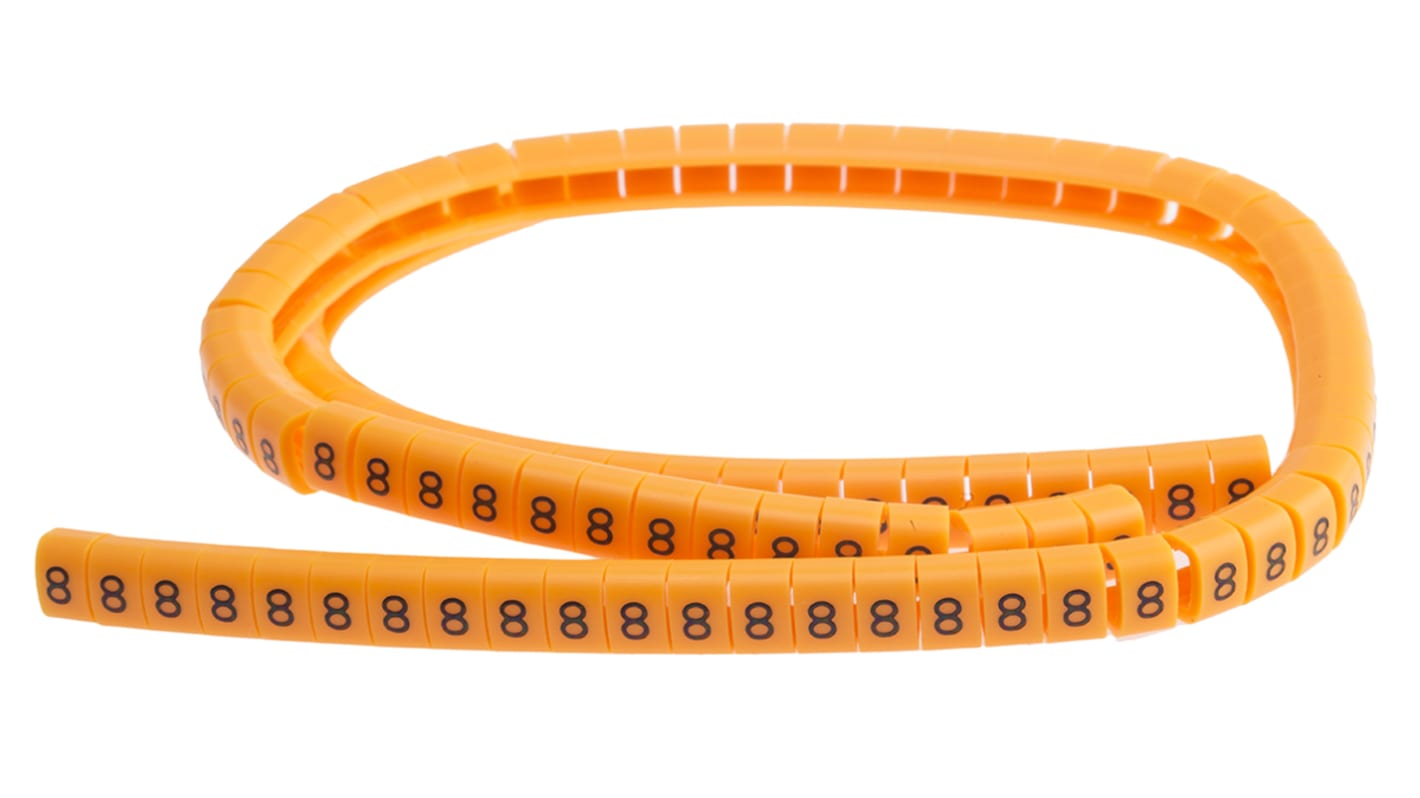 RS PRO Snap On Cable Markers, Black on Orange, Pre-printed "8", 4 → 5mm Cable