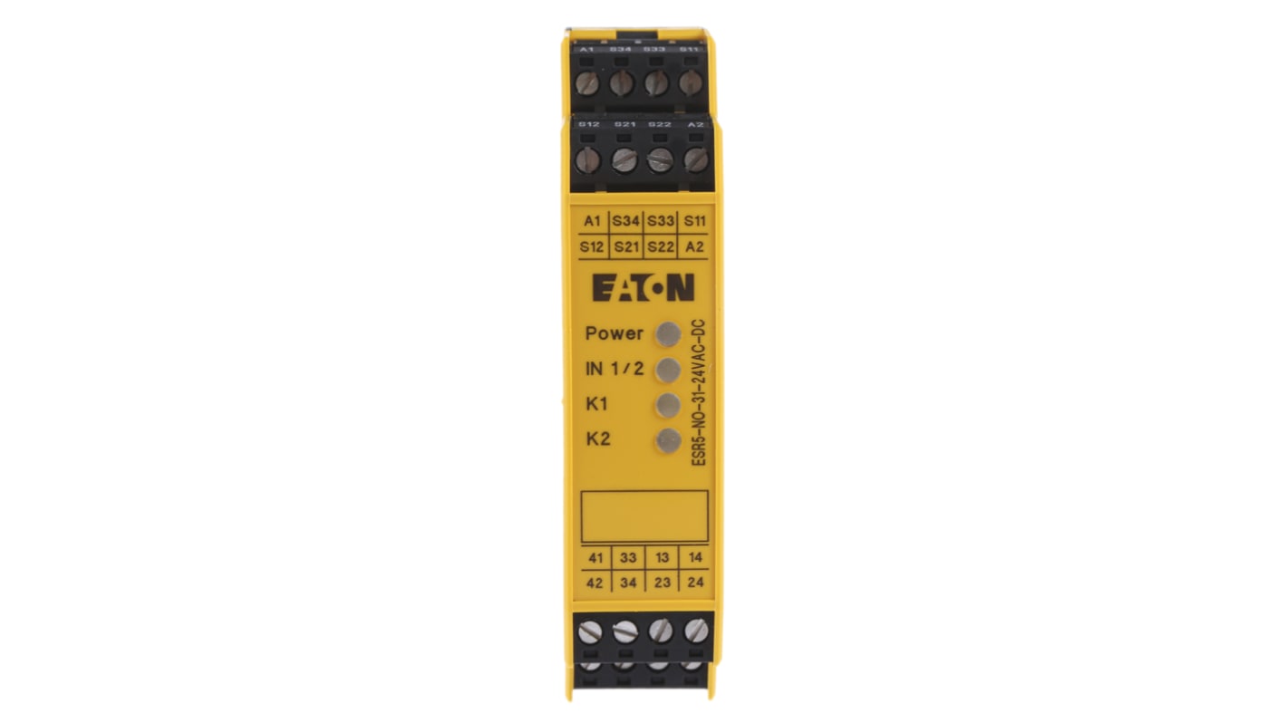 Eaton Electronic Safety Relays ESR5 Emergency Stop Safety Relay, 24V ac/dc, Dual-Channel, 3 Safety Contacts