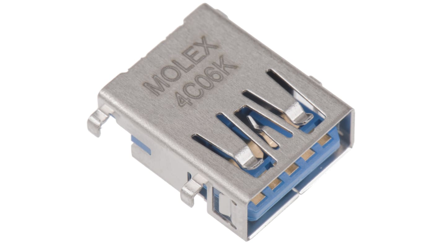 Molex Right Angle, Through Hole, Socket- Single Port Type A 3.0 USB Connector