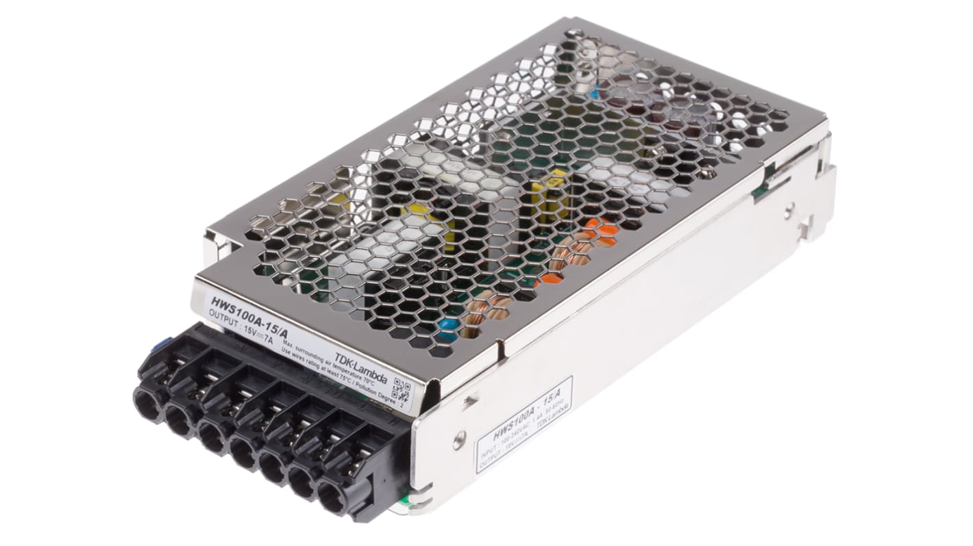 TDK-Lambda Switching Power Supply, HWS100A-15/A, 15V dc, 7A, 100W, 1 Output, 120 → 370 V dc, 85 → 265 V