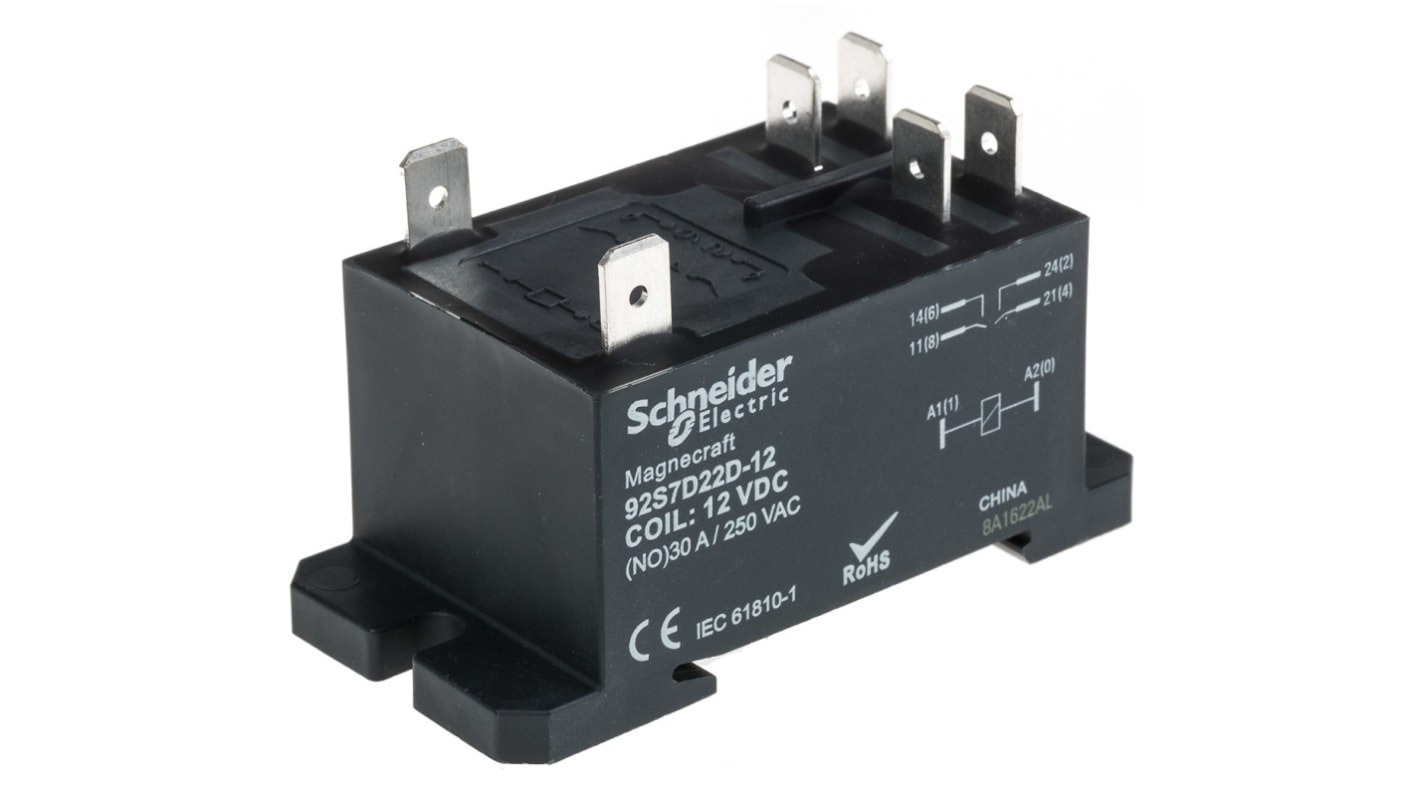 Schneider Electric Panel Mount Power Relay, 12V dc Coil, 20A Switching Current, DPST
