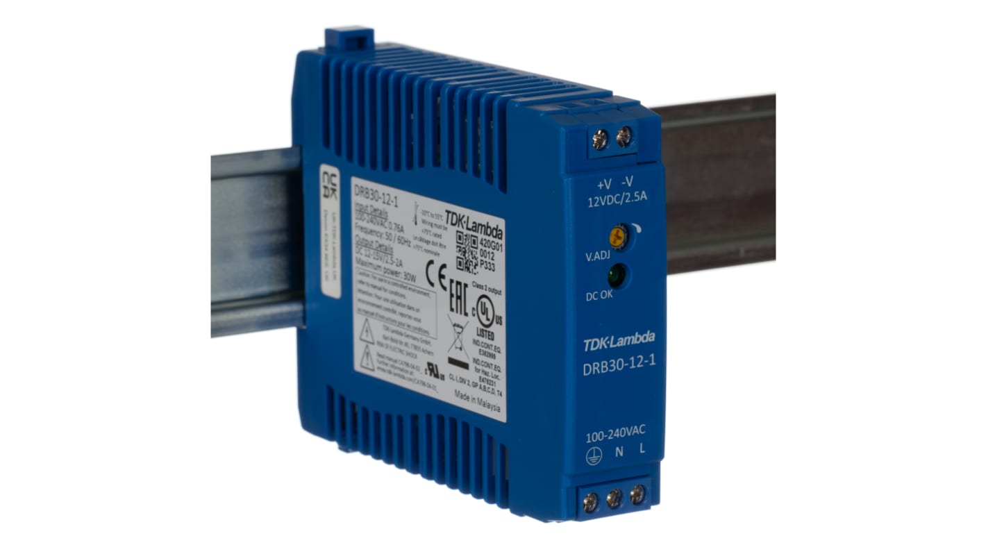 TDK-Lambda DRB Switched Mode DIN Rail Power Supply, 85 → 264V ac ac Input, 12V dc dc Output, 2.5A Output, 30W