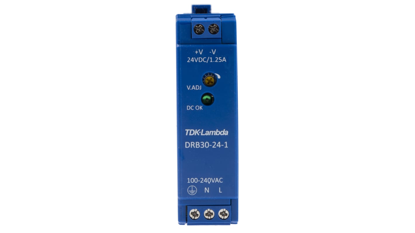 TDK-Lambda DRB Switched Mode DIN Rail Power Supply, 85 → 264V ac ac Input, 24V dc dc Output, 1.25A Output, 30W