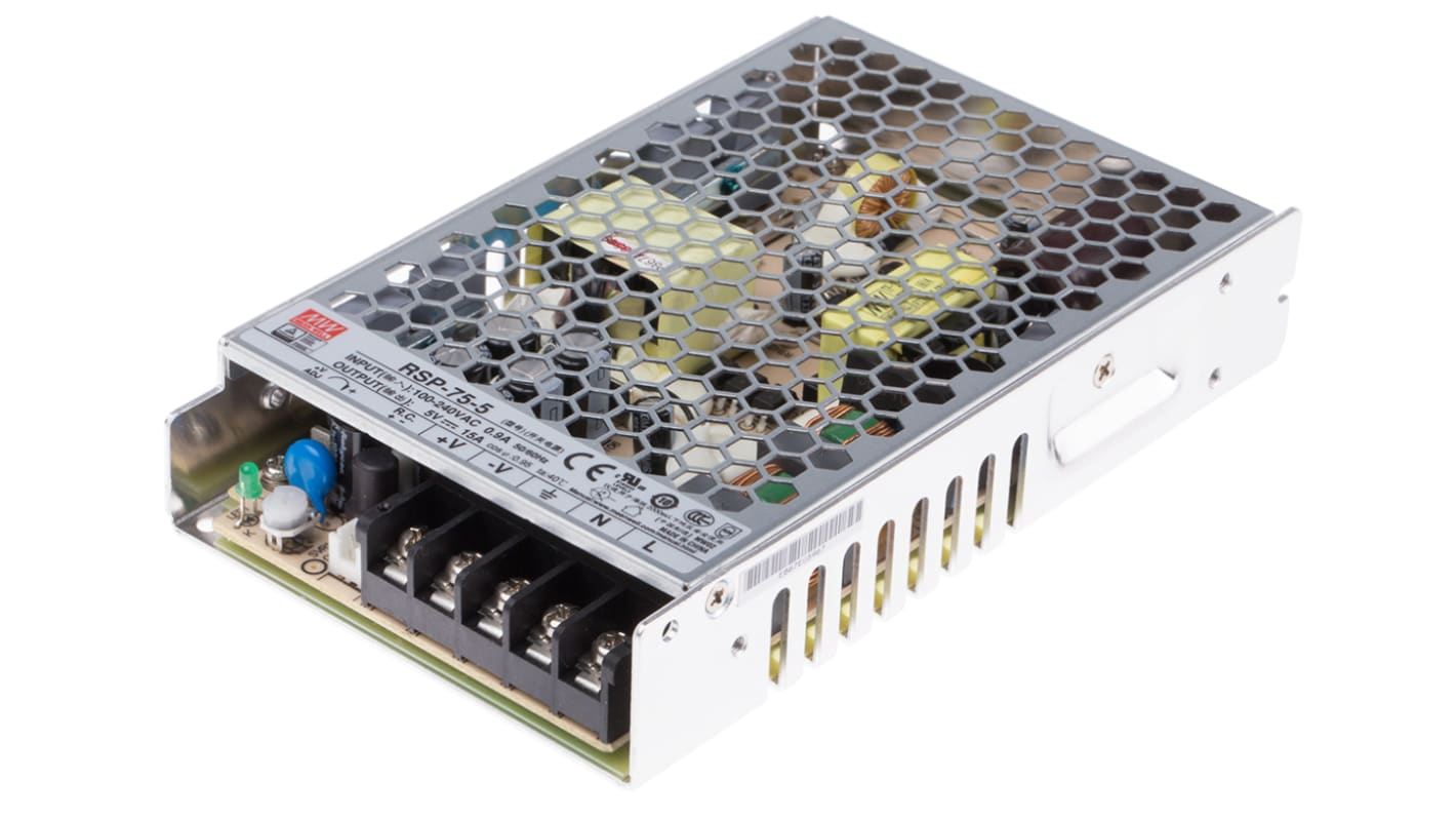 MEAN WELL Switching Power Supply, RSP-75-5, 5V dc, 15A, 75W, 1 Output, 120 → 370 V dc, 85 → 264 V ac