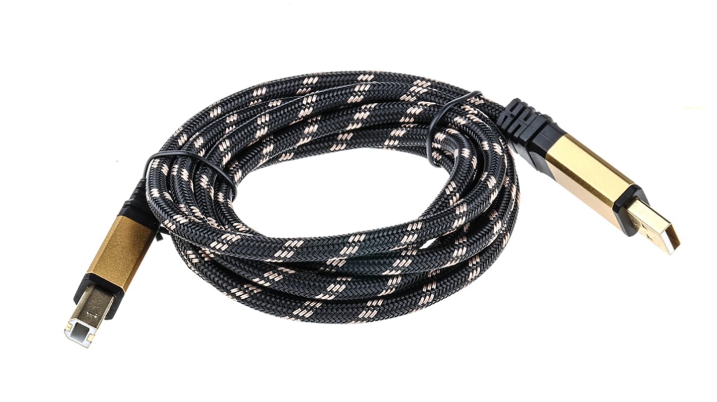 Roline USB-kabel, Sort/Guld, USB A til USB B, 1.8m