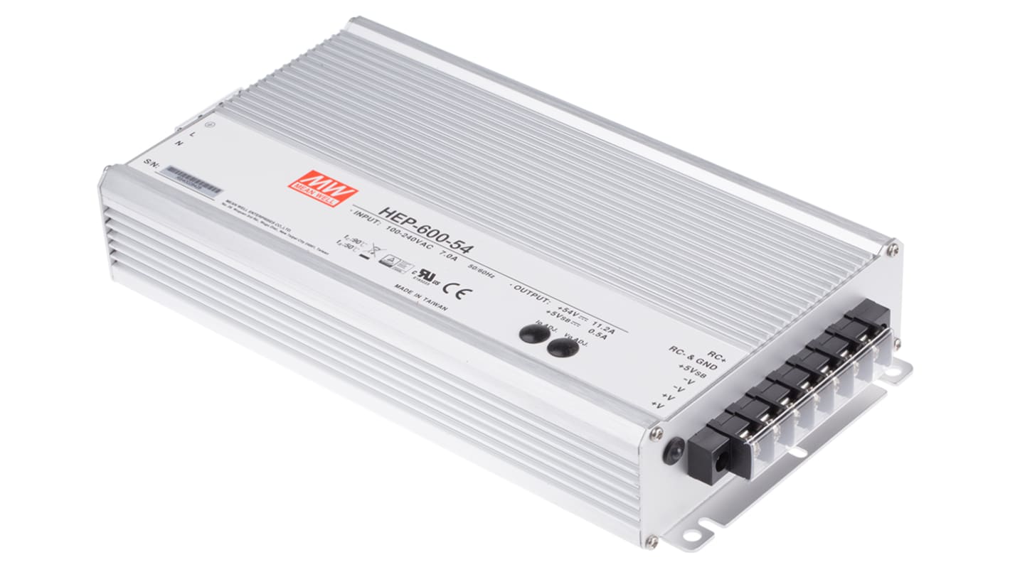 MEAN WELL Switching Power Supply, HEP-600-54, 54V dc, 11.2A, 604.8W, 1 Output, 127 → 431 V dc, 90 → 305 V
