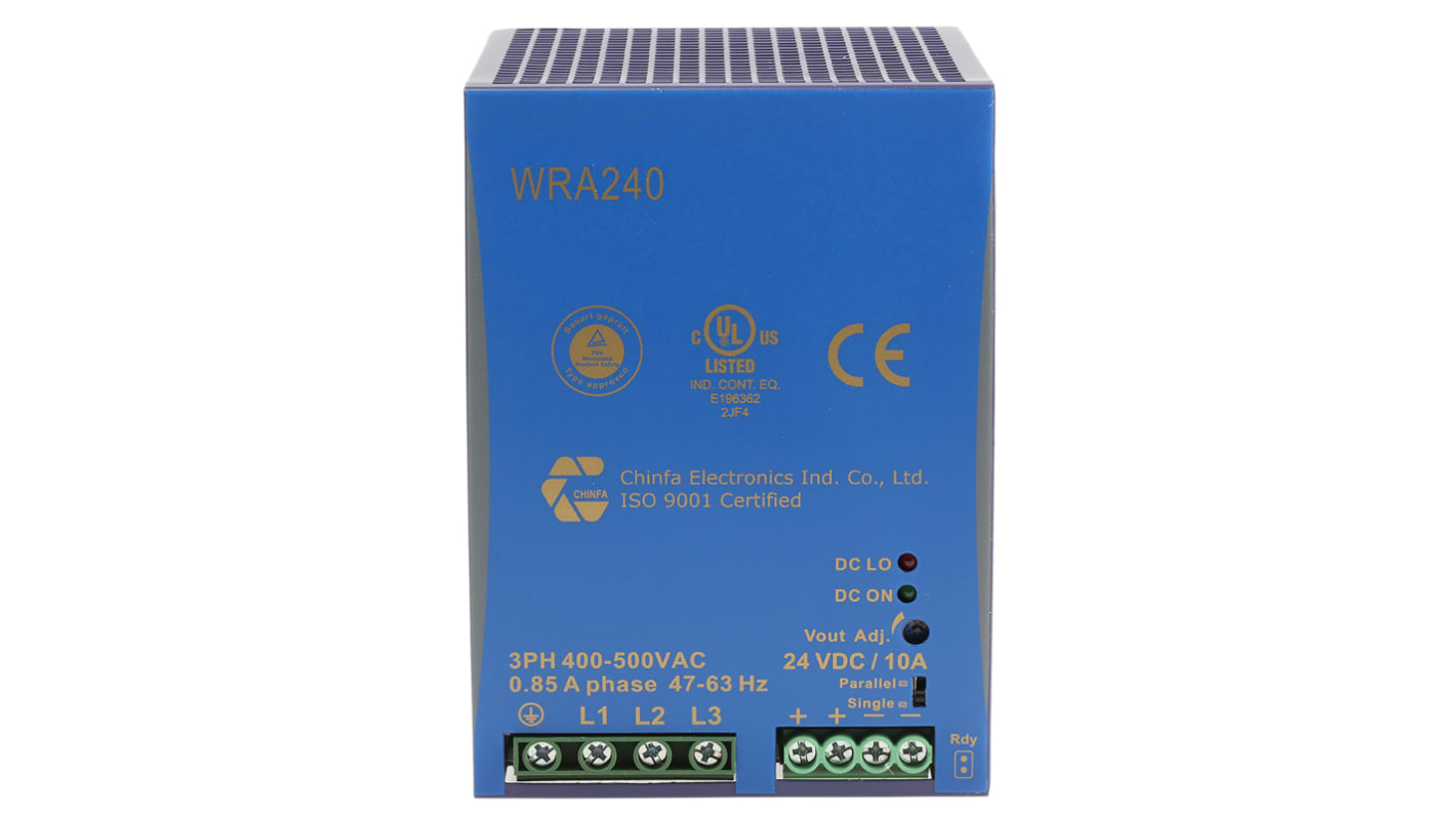 Chinfa WRA 240 Switched Mode DIN Rail Power Supply, 400V ac ac Input, 24V dc dc Output, 10A Output, 240W