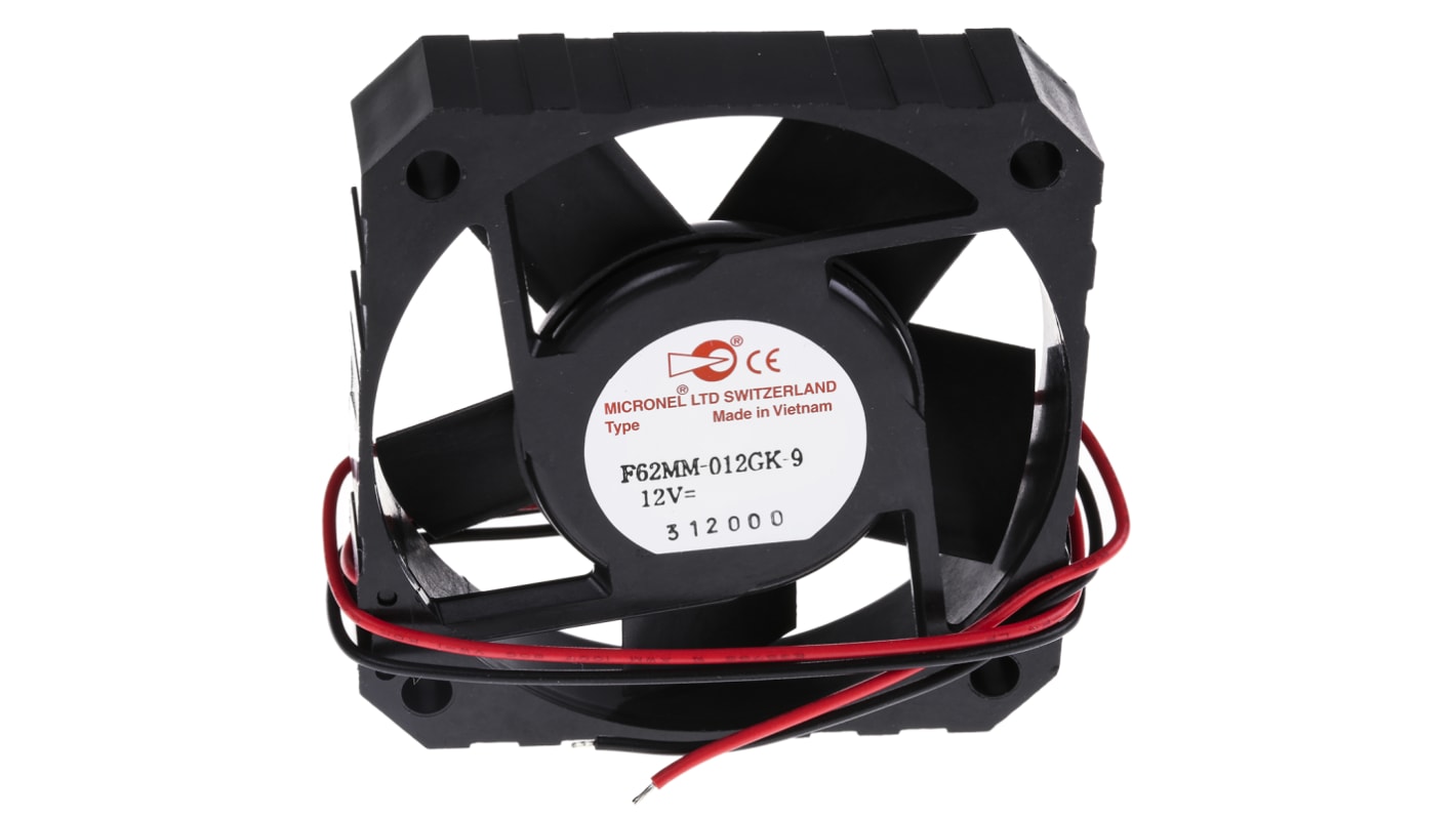 Micronel F62MM-9 Series Axial Fan, 12 V dc, DC Operation, 22m³/h, 1.08W, 90mA Max, 62 x 62 x 15mm