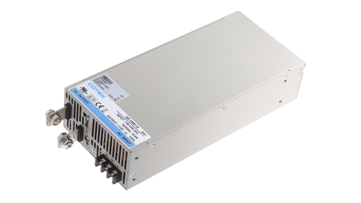 COTEK Switching Power Supply, AE-1500-12, 12V dc, 125A, 1.5kW, 1 Output, 127 → 370 V dc, 90 → 264 V ac