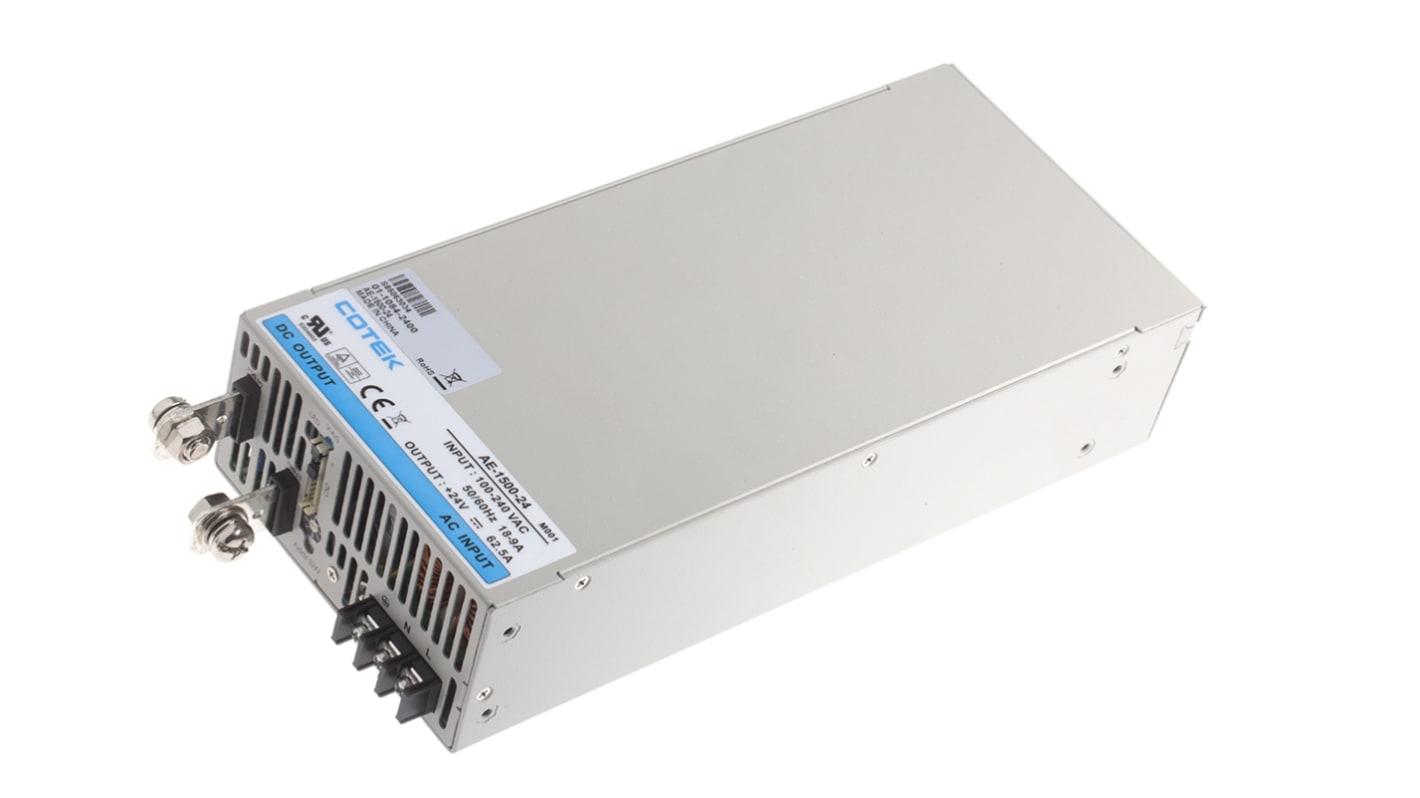 COTEK Switching Power Supply, AE-1500-24, 24V dc, 62.5A, 1.5kW, 1 Output, 127 → 370 V dc, 90 → 264 V ac