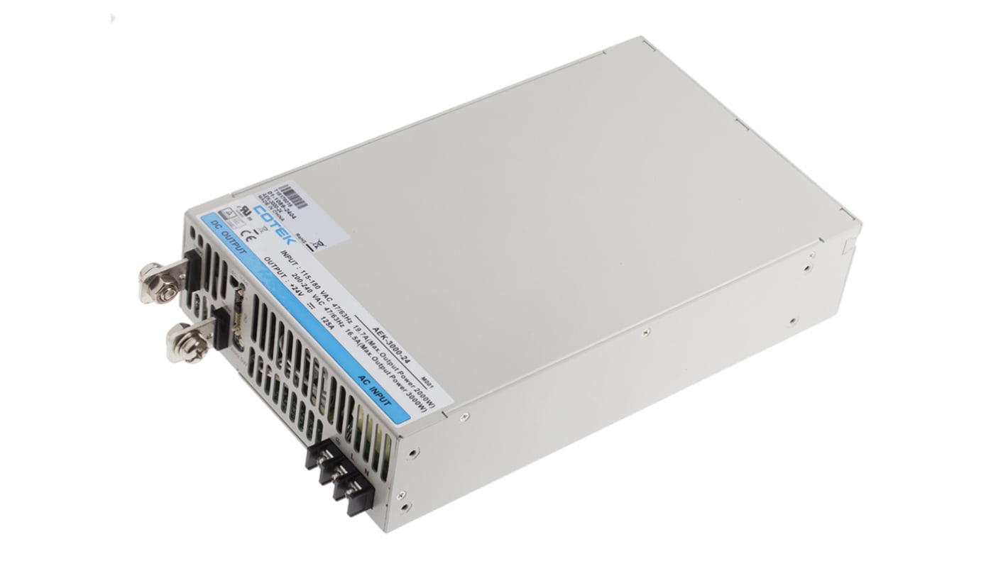 COTEK Switching Power Supply, AEK-3000-24, 24V dc, 125A, 3kW, 1 Output, 127 → 370 V dc, 90 → 264 V ac