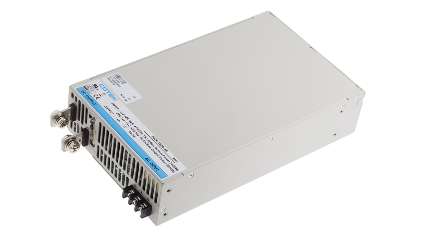 COTEK Switching Power Supply, AEK-3000-48, 48V dc, 62.5A, 3kW, 1 Output, 127 → 370 V dc, 90 → 264 V ac