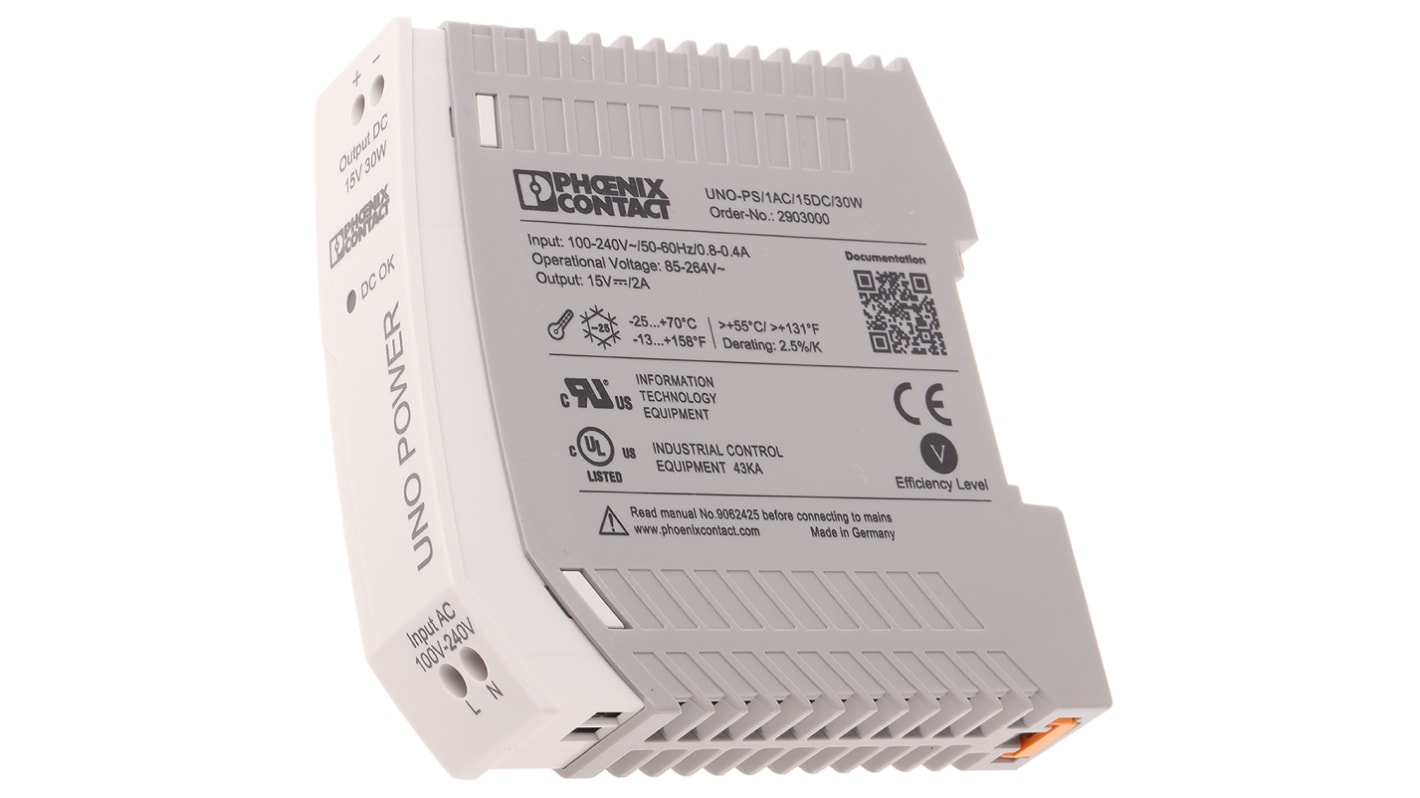 Phoenix Contact UNO-PS/1AC/15DC/30W DIN-Schienen Netzteil Getaktet 15V dc / 2A 30W 85 → 264V ac