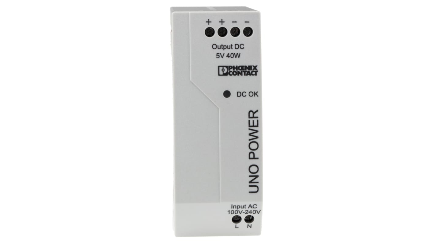 Alimentatore a montaggio su guida DIN Phoenix Contact, 5V cc, 8A, 85 → 264V ca, 40W