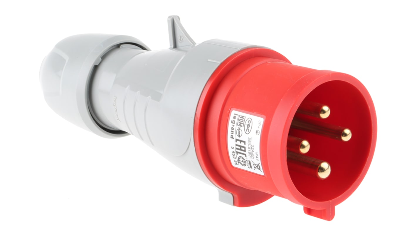 Conector de potencia industrial Macho, Formato 3P + E, Orientación Recto, P17 Tempra Pro, Rojo, 415 V, 32A, IP44