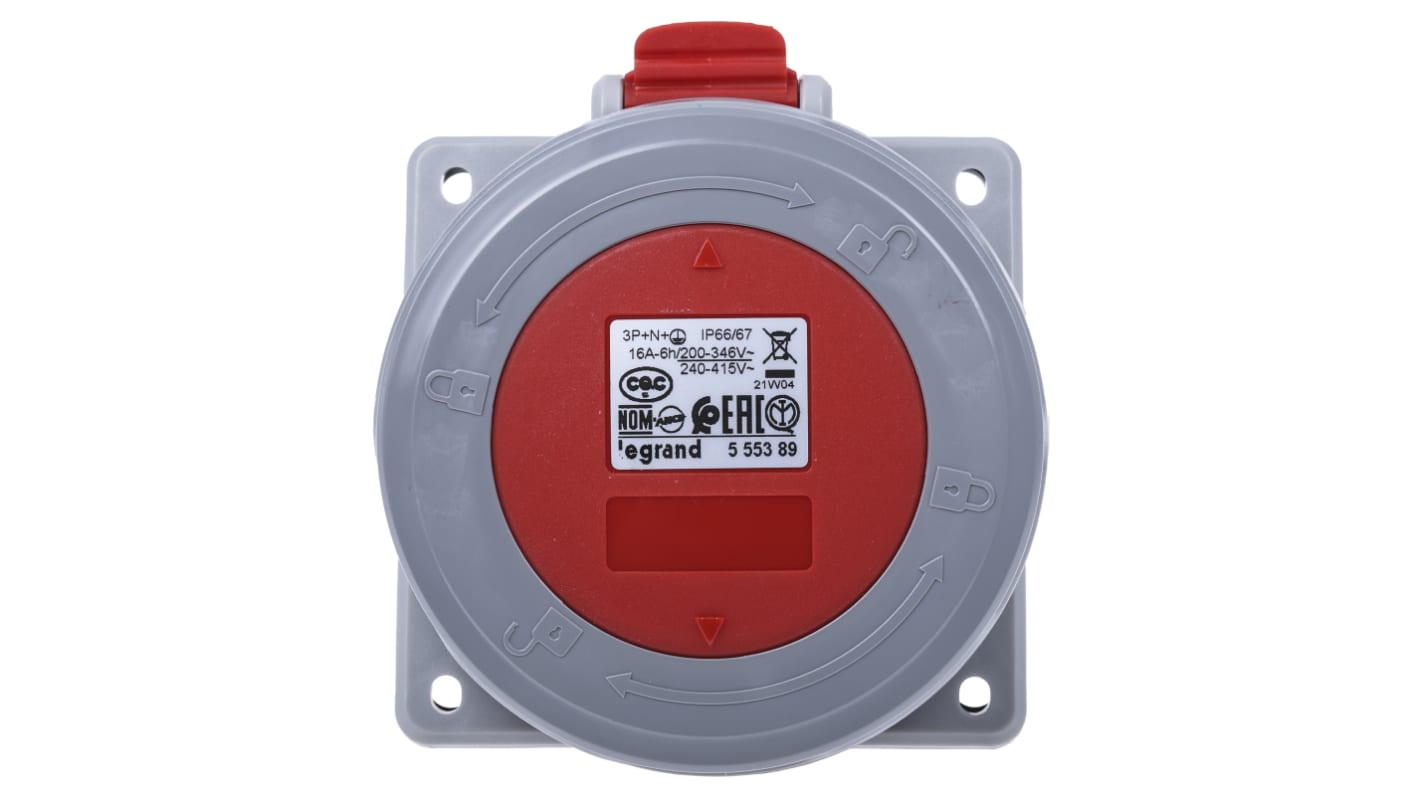 Legrand 16A工业连接器插座, 3P + N + E, 415 V, IP66，IP67, 红色, 面板安装, P17 Tempra Pro系列