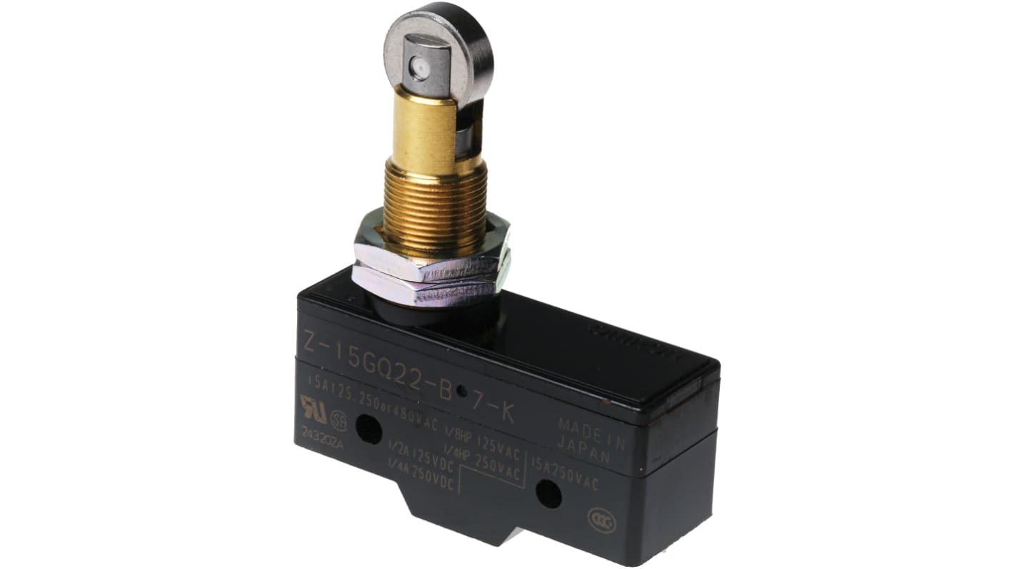 Omron Z Series Roller Plunger Limit Switch, NO/NC, IP00, SPDT, Thermosetting Resin Housing, 500V ac Max, 15A Max