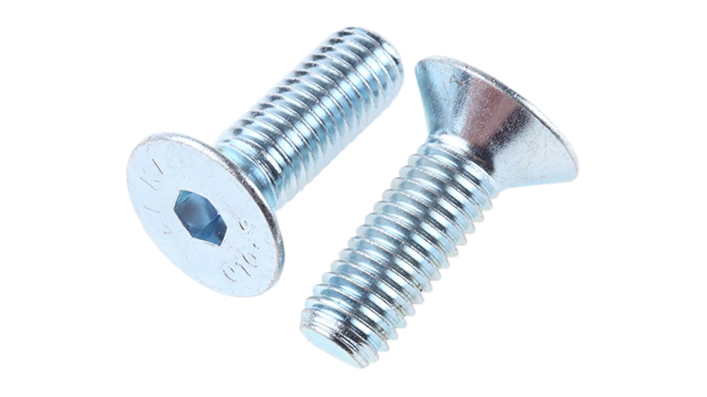 RS PRO Bright Zinc Plated Steel Hex Socket Countersunk Screw, DIN 7991, M10 x 30mm