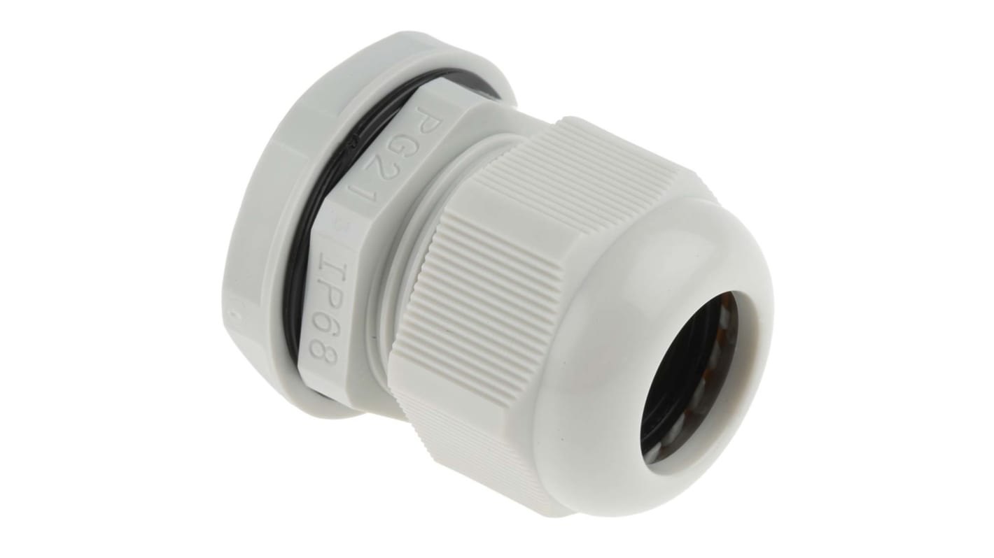 Prensaestopas RS PRO de Nylon 66 Gris, rosca PG21, contratuerca incluida, IP68, Pirorretardante, autoextinguible