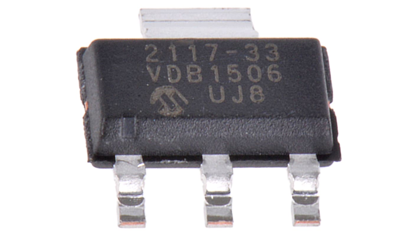 Microchip LDO稳压芯片, 3.3 V输出, 800mA最大输出, 单路输出, SOT-223, 3+Tab针, 贴片安装, -40 °C→+125 °C, ±0.5%精度