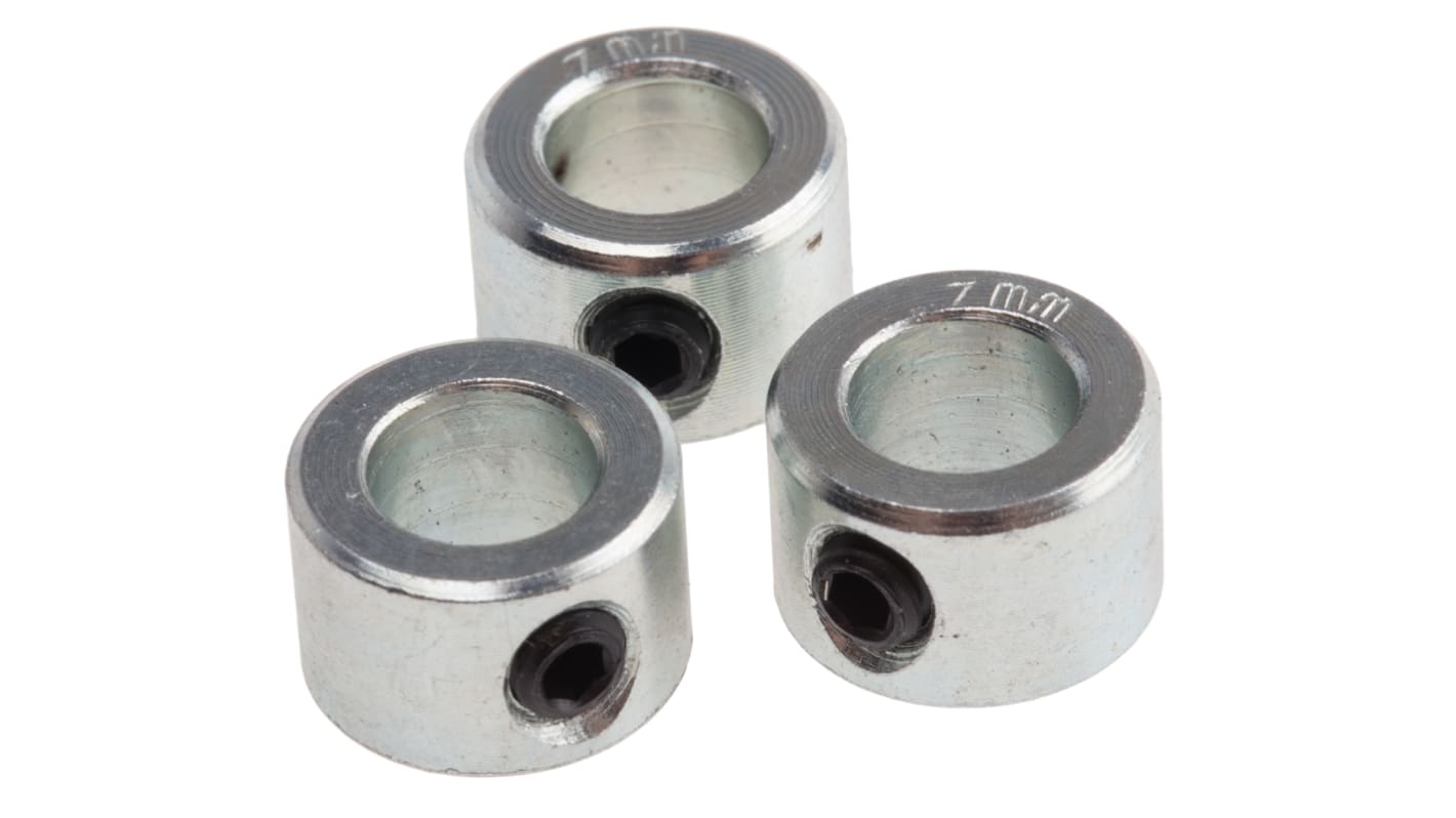 RS PRO Shaft Collar, One Piece, Set Screw, Bore 7mm, OD 12mm, W 8mm, Steel