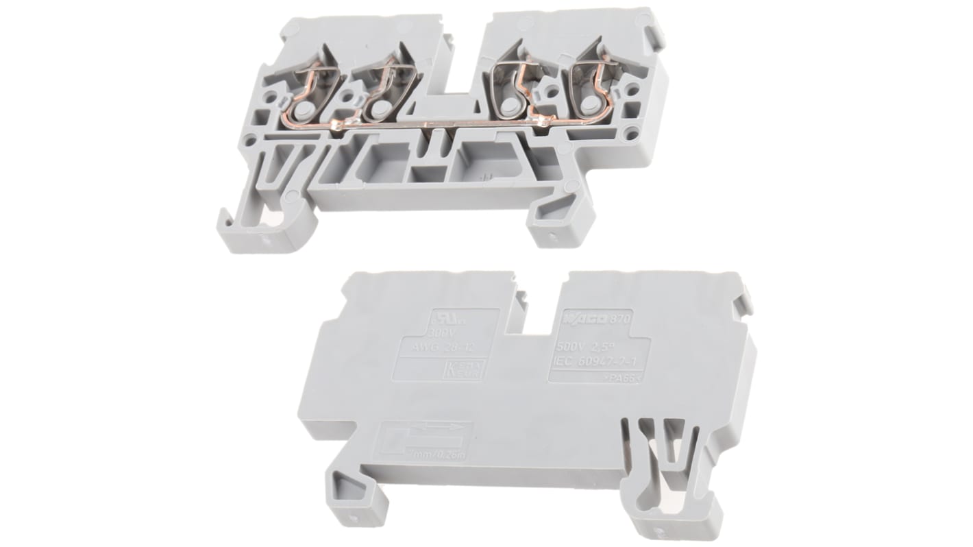 WAGO 单层直通式接线端子, 24A, 500 V, 2.5mm²CSA, 笼式弹簧夹端接, 灰色, 870系列