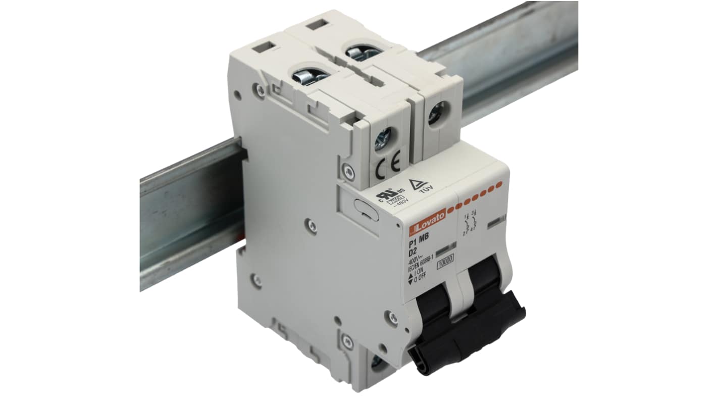 Lovato ModuLo P1MB MCB, 2P, 2A Curve D, 230V AC, 80V DC, 10 kA Breaking Capacity