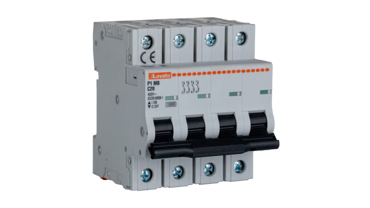 Lovato C型MCB, 4极, 10 kA分断, 20A, 230VAC, P1MB系列