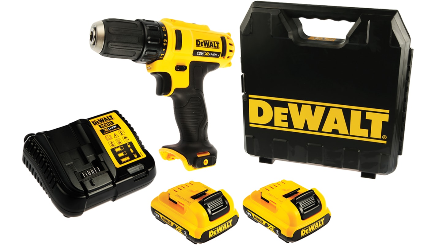 DeWALT 180W无线冲击钻 电钻, 10.8V, 10mm夹头, 最大1500rpm, 2个 锂离子电池, 有刷电机, DCD系列, DCD710D2