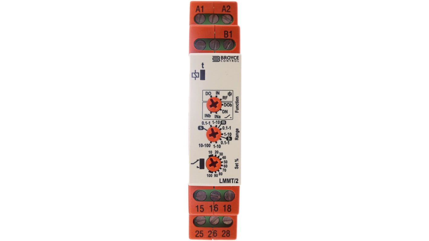 Broyce Control 时间继电器, 24 → 230 V ac/12 → 230V 直流电源, 0.1 s → 100h范围, 2触点