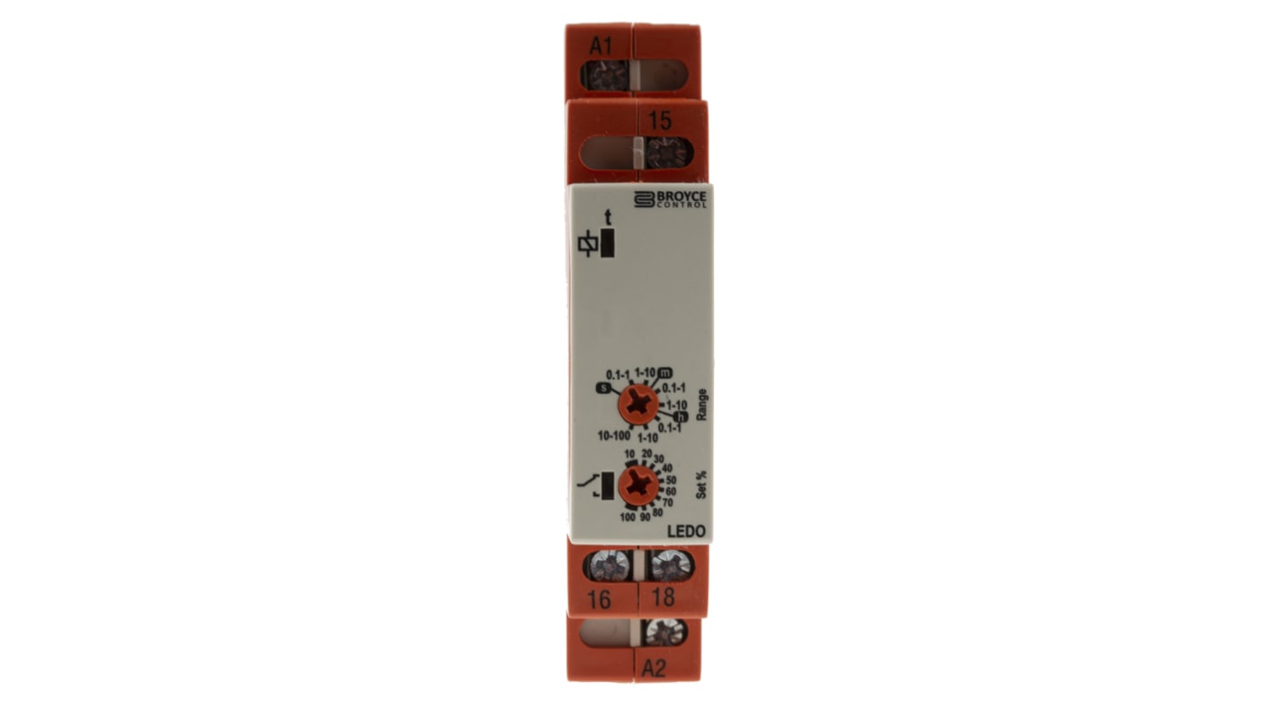Broyce Control DIN Rail Mount Timer Relay, 12 → 230V ac/dc, 1-Contact, 0.1 s → 100h, 1-Function, SPDT