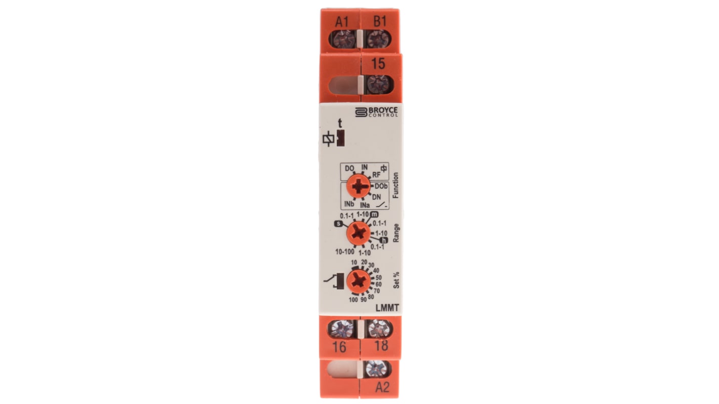 Broyce Control DIN Rail Mount Timer Relay, 24 → 230 V ac/12 → 230V dc, 1-Contact, 0.1 s → 100h,
