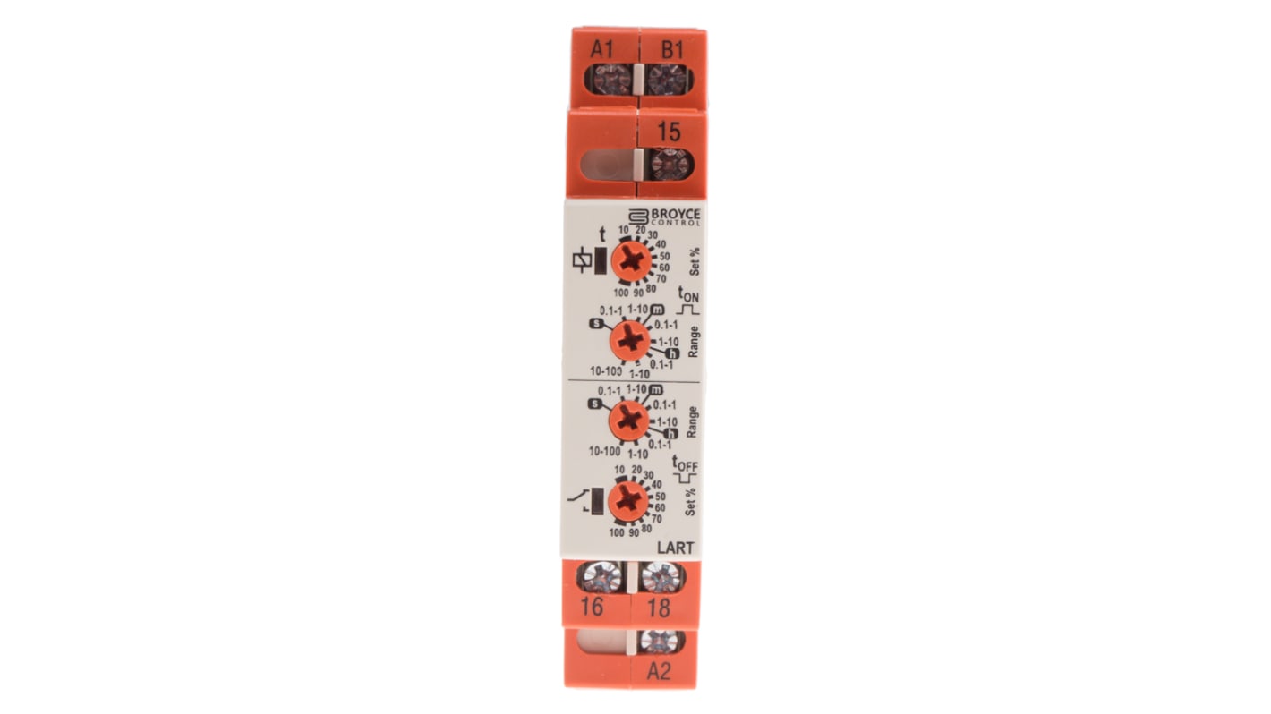 Broyce Control DIN Rail Mount Timer Relay, 24 → 230 V ac/12 → 230V dc, 1-Contact, 0.1 s → 100h,