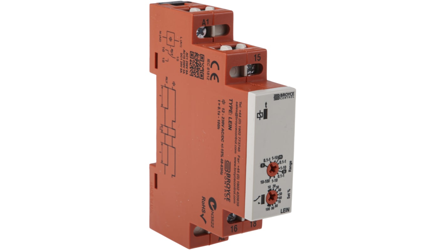 Broyce Control 间隔（单稳）时间继电器, 12 → 230V 交流/直流电源, 0.1 s → 100h范围, 1触点