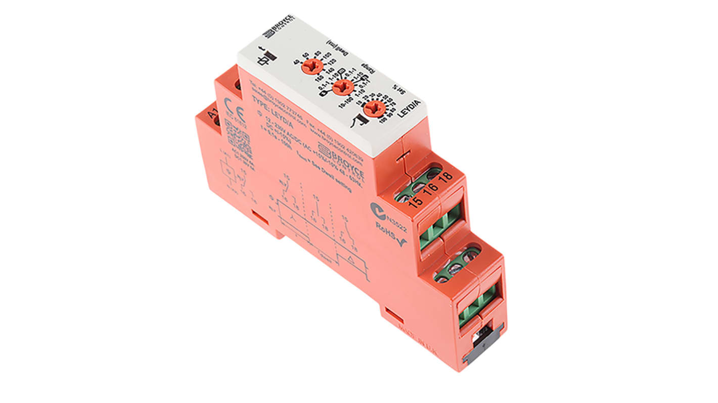 Broyce Control DIN Rail Mount Timer Relay, 12 → 230V ac/dc, 1-Contact, 0.1 s → 100h, 1-Function, SPDT