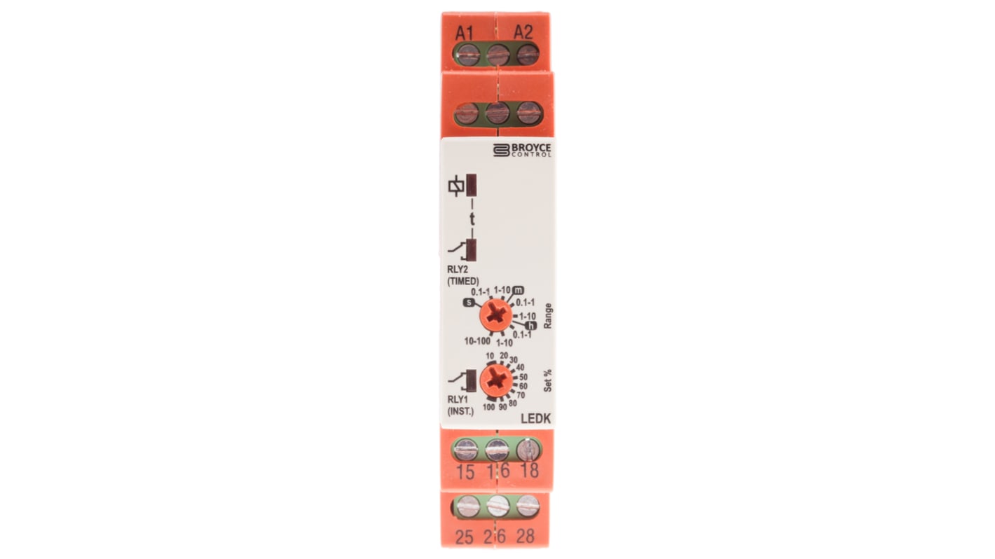 Timer Relay Broyce Control, intervallo 0.1 s → 100h, 2 poli, 2 x SPDT, Guida DIN