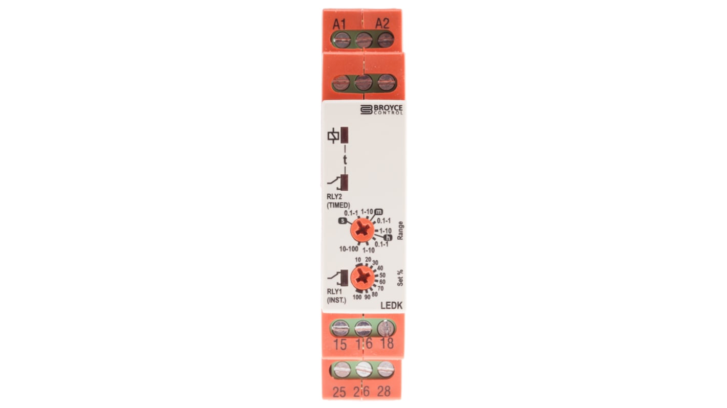 Broyce Control DIN Rail Mount Timer Relay, 12 → 230V ac/dc, 2-Contact, 0.1 s → 100h, 1-Function, 2 x SPDT