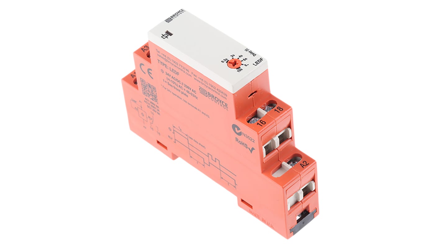 Broyce Control DIN Rail Mount Timer Relay, 230 V ac, 24V ac/dc, 1-Contact, 0.5 → 10s, 1-Function, SPDT