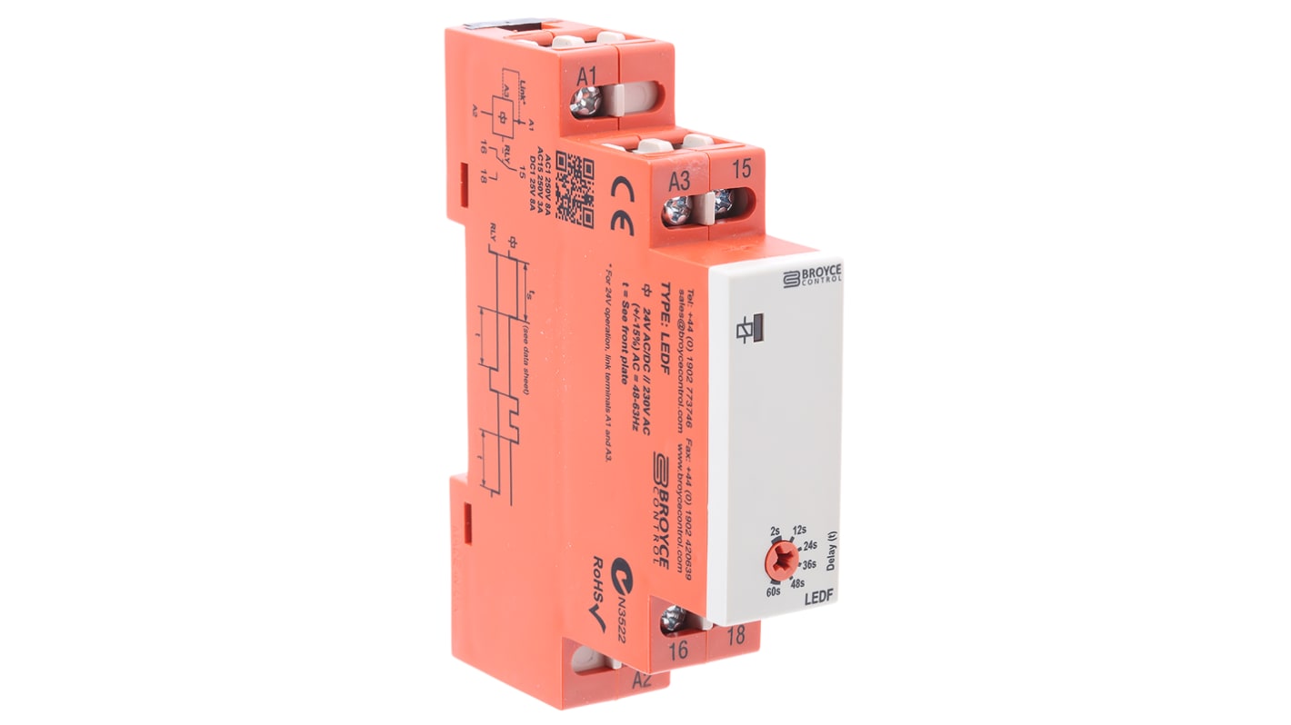 Broyce Control DIN Rail Mount Timer Relay, 24V ac, 1-Contact, 2 → 60s, 1-Function, SPDT
