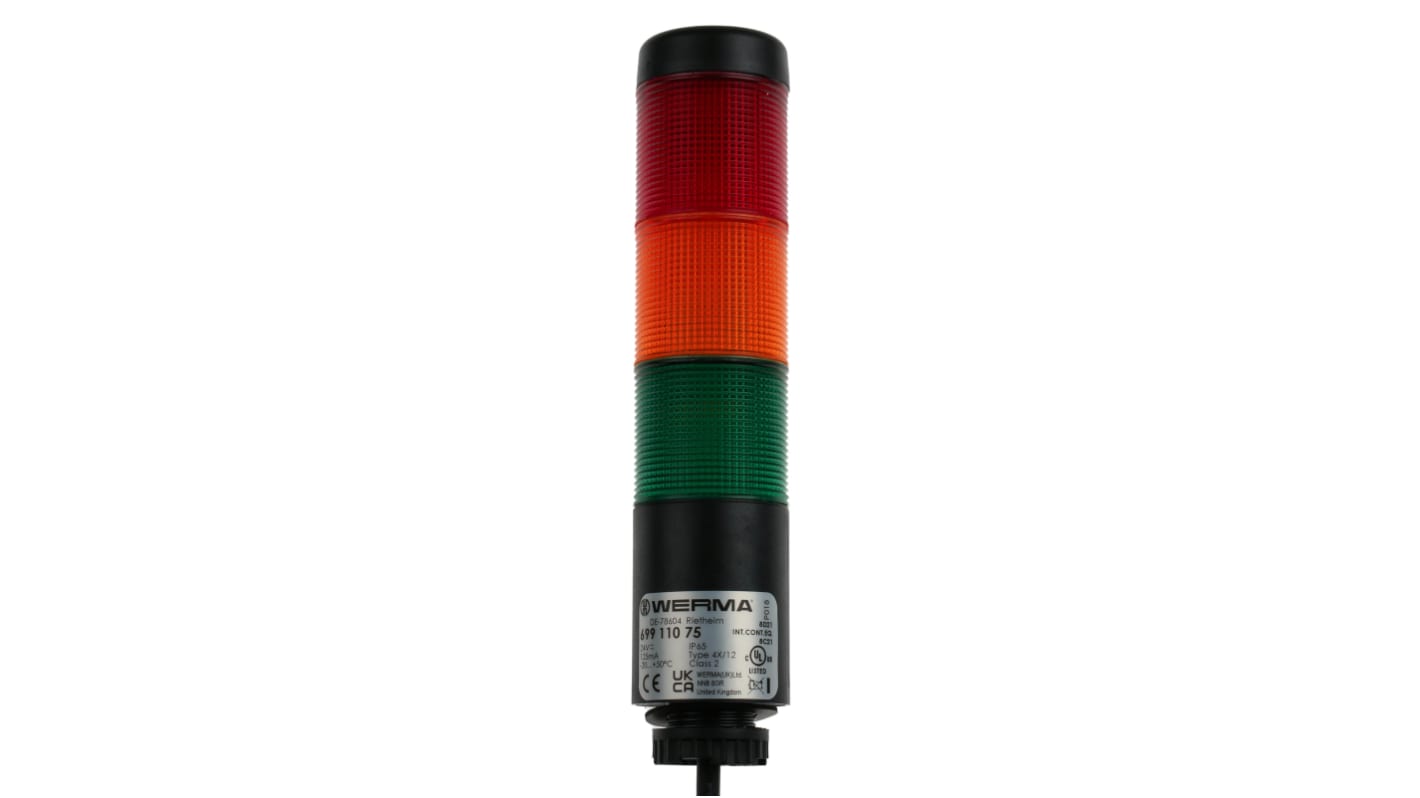 Werma Kompakt 37 LED Signalturm 3-stufig Linse Rot/Grün/Gelb LED Rot/Gelb/Grün + Summer Dauer 175mm