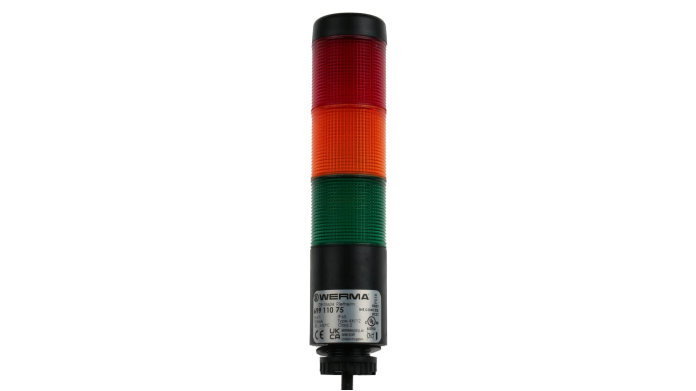 Werma Kompakt 37 Series Red/Green/Yellow Buzzer Signal Tower, 3 Lights, 24 V, Base Mount, Tube