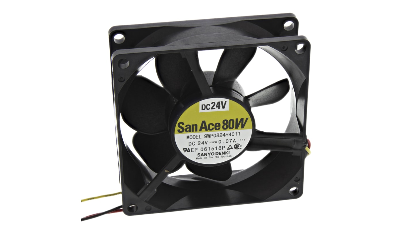 Sanyo Denki San Ace 9WP Series Axial Fan, 24 V dc, DC Operation, 61.9m³/h, 1.68W, 70mA Max, IP68, 80 x 80 x 25mm