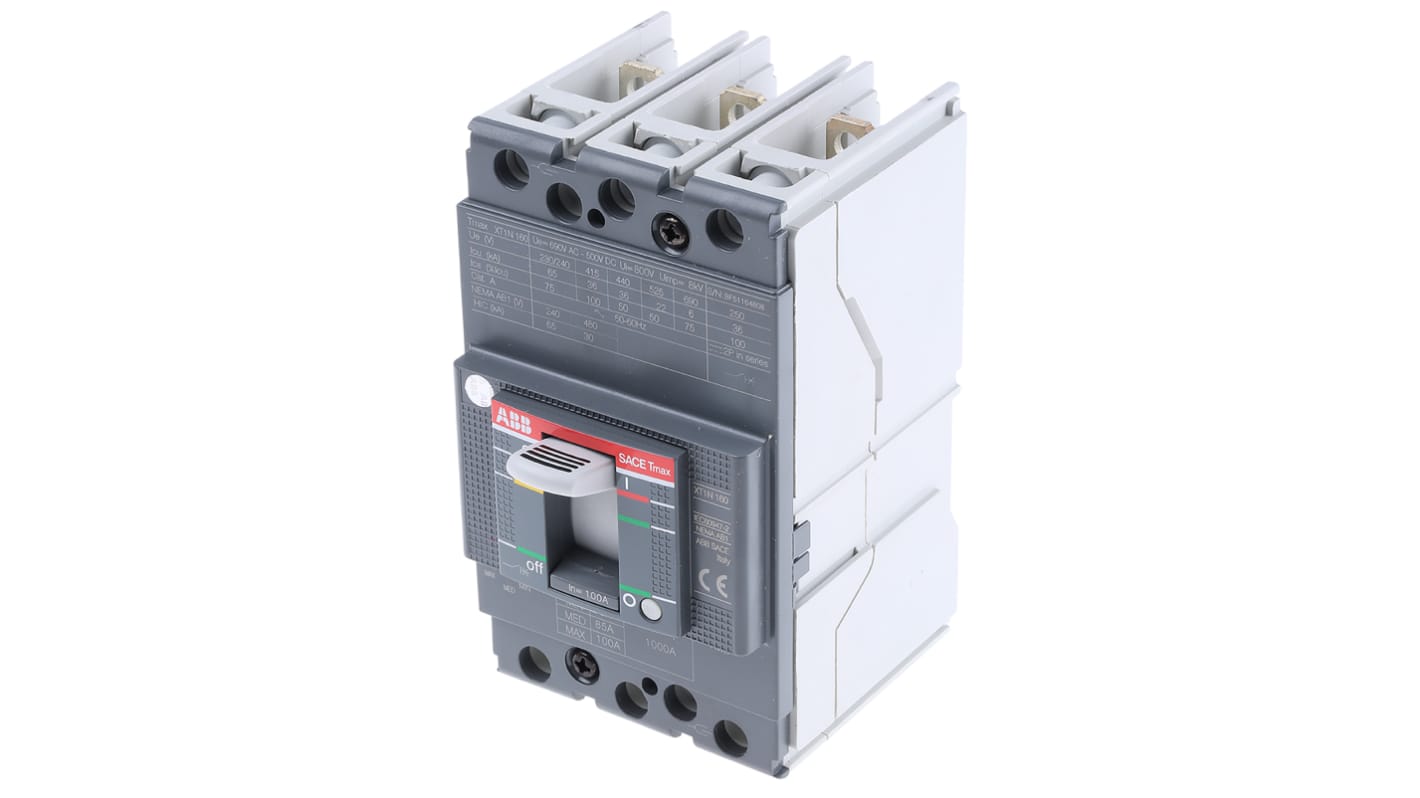 ABB MCCB塑壳断路器, 36 kA分断, 100A, 690VAC, 500VDC, 3极, XT1N系列