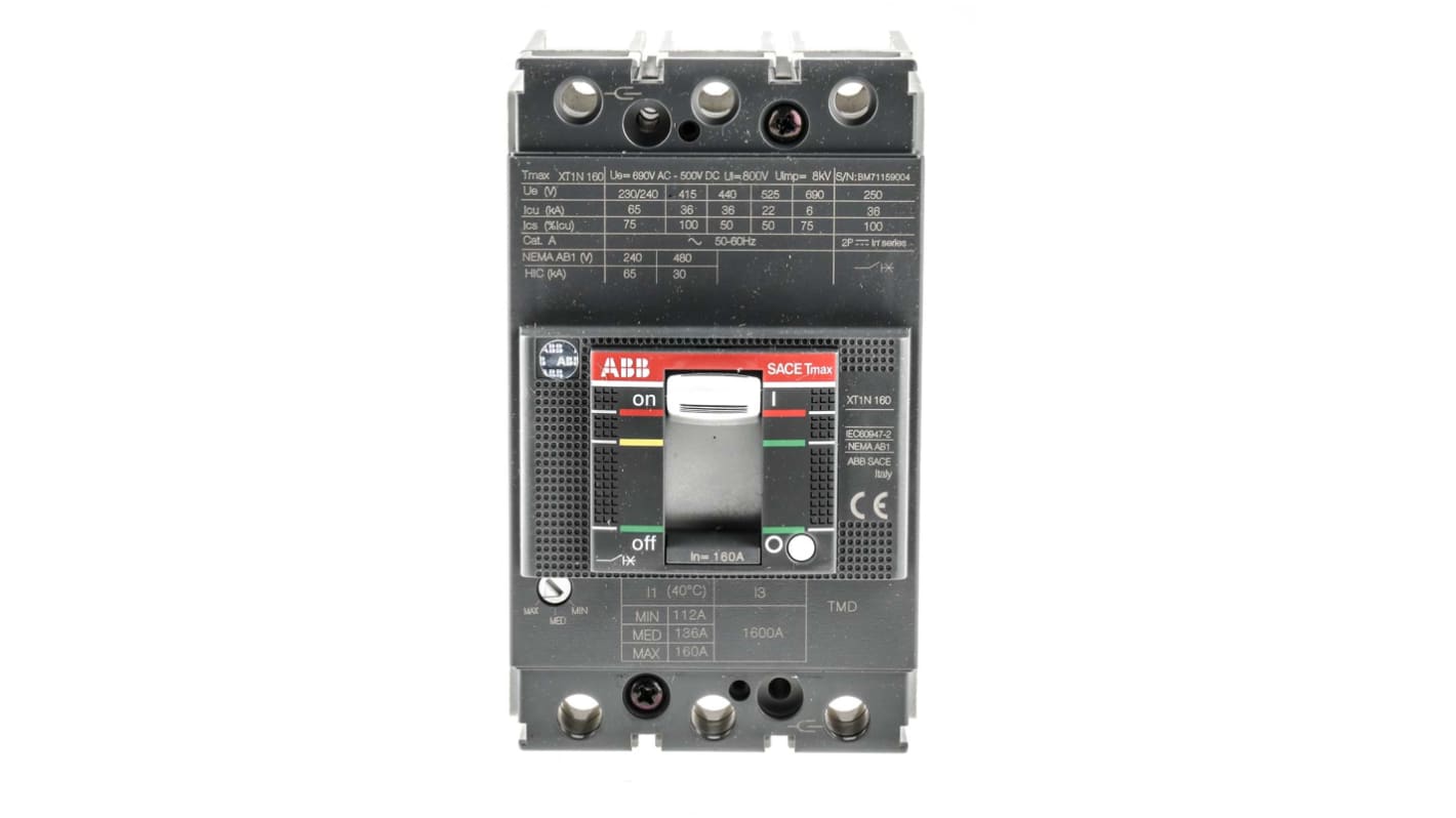 MCCB ABB, 3 Polos, 160A, Capacidad de Ruptura 36 kA, Montaje en Carril DIN, Protecta, XT1N