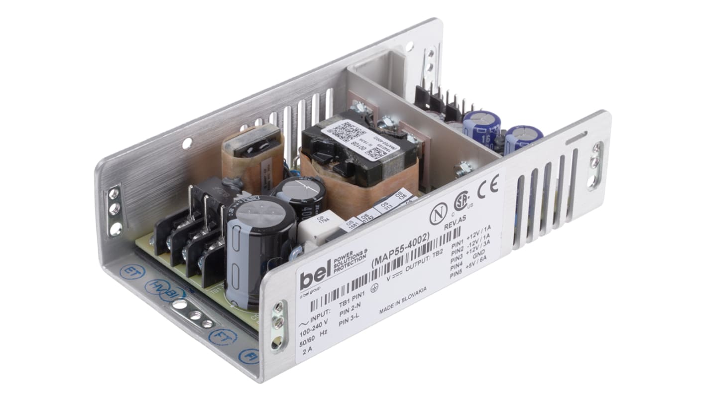 BEL POWER SOLUTIONS INC 55W开关电源, 5 V dc, ±12 V dc, 3 A, 6 A, 500mA, 4路输出, U型支架安装
