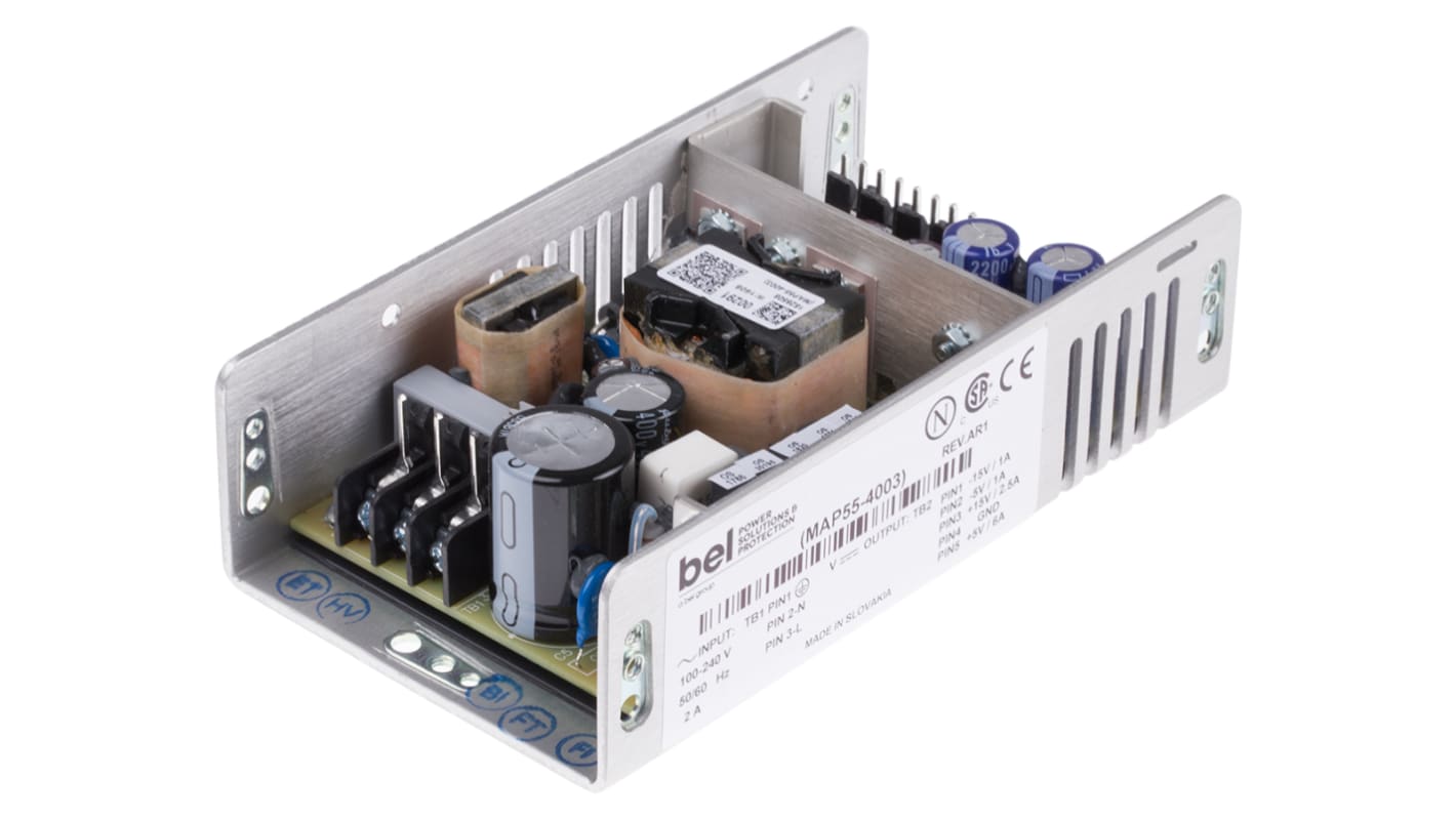 BEL POWER SOLUTIONS INC ±5 V dc, ±12 V dc开关电源, 55W, 2.5 A, 6 A, 500 mA, 4输出点, U 型支架, 152.4mmx83.1mmx40.6mm
