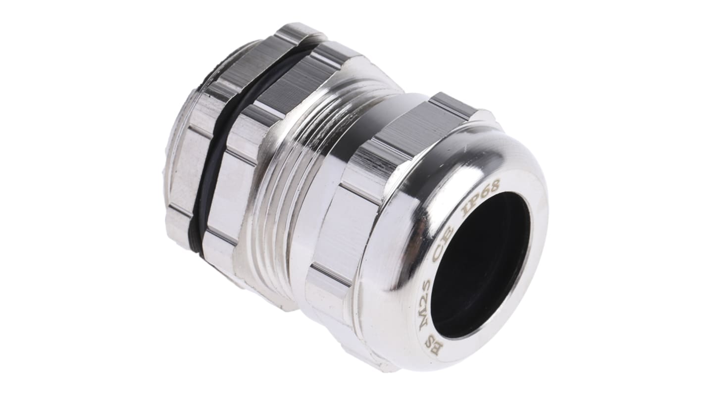 RS PRO Metallic Nickel Plated Brass Cable Gland, M25 Thread, 10mm Min, 16mm Max, IP68