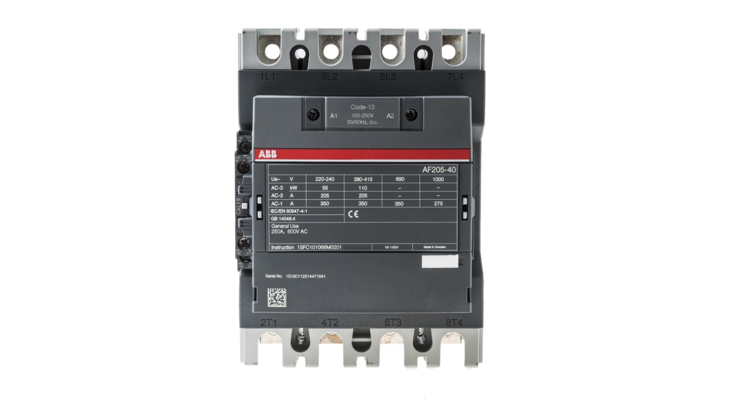 ABB AF205 AF Contactor, 230 V ac Coil, 4-Pole, 350 A, 110 kW, 4NO, 1 kV