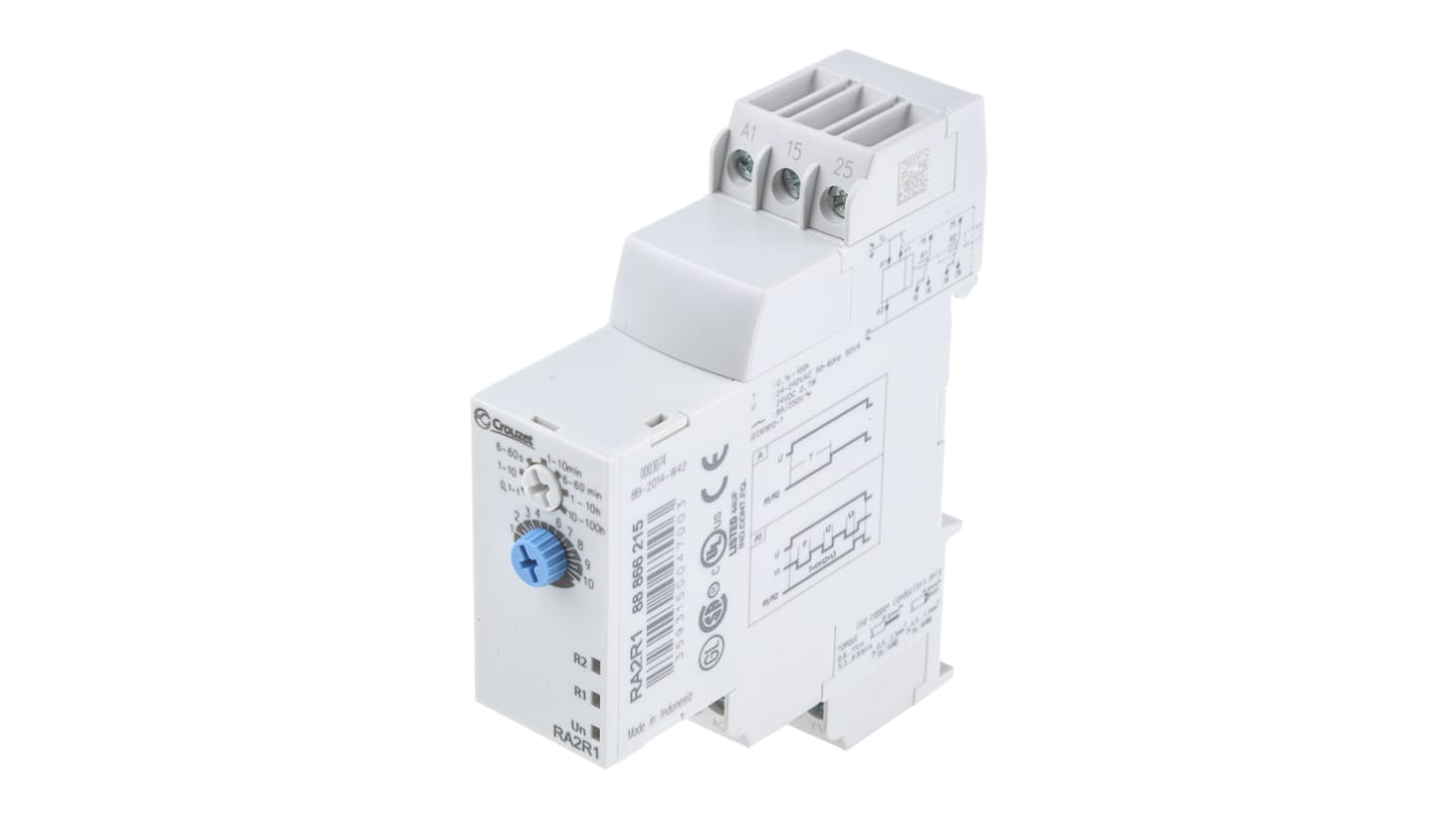 Crouzet DIN Rail Mount Timer Relay, 24 V dc, 24 → 240V ac, 2-Contact, 0.1 s → 100h